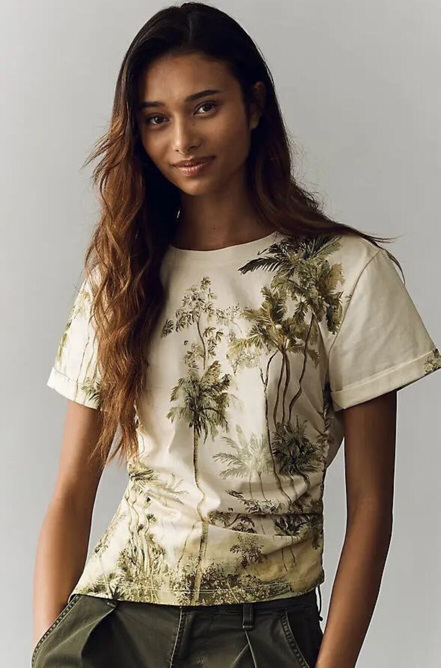Anthropologie Ruched Asymmetric T-Shirt Ivory Pattern Size Large